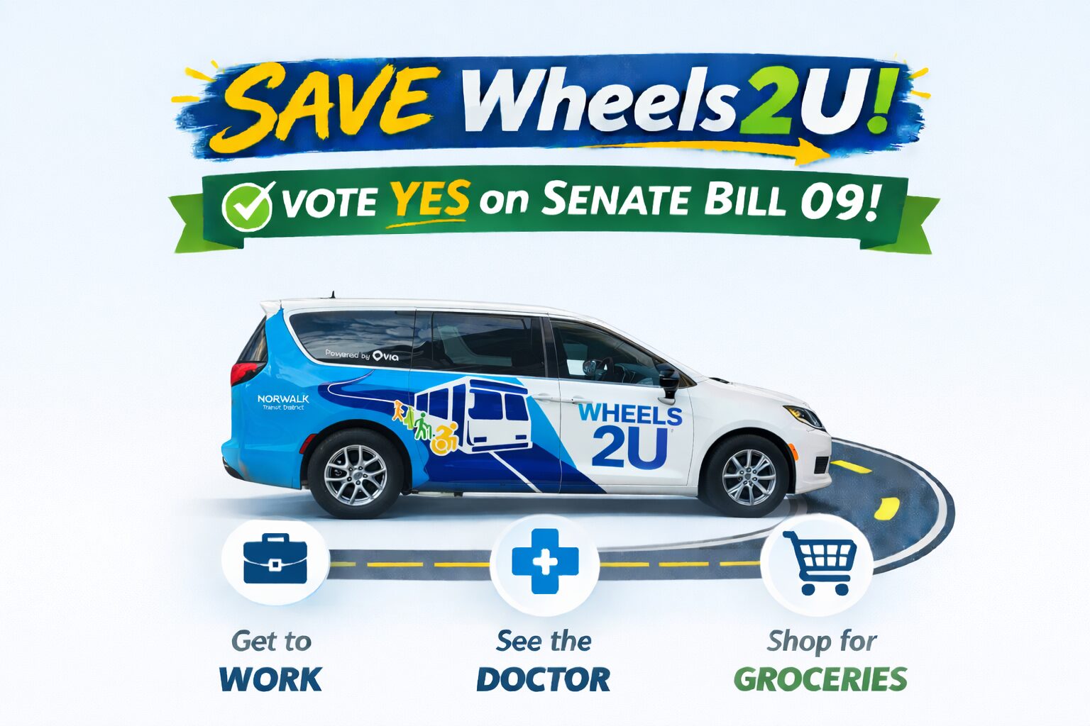 Save Wheels2U campaign graphic with a stylized Wheels2U microtransit vehicle and text urging support for Senate Bill 09
